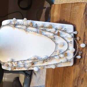 Vintage Beige And Cream Colored Three Strand Silver Chain Necklace, Very Classy!